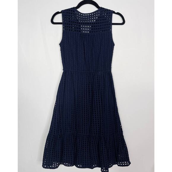 J Crew Size 00 Navy Blue All Over Eyelet Lace Knee Length Dress Sleeveless - Picture 2 of 11
